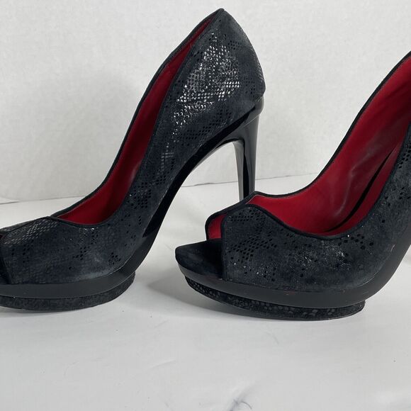 Charles Jourdan Black Snake Print Peep Toe Platform Stiletto Heels Size 11 - Picture 10 of 12